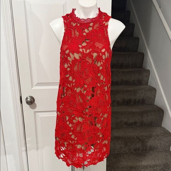 entro Dresses & Skirts - Entro Red Lace Mini Dress Size Small